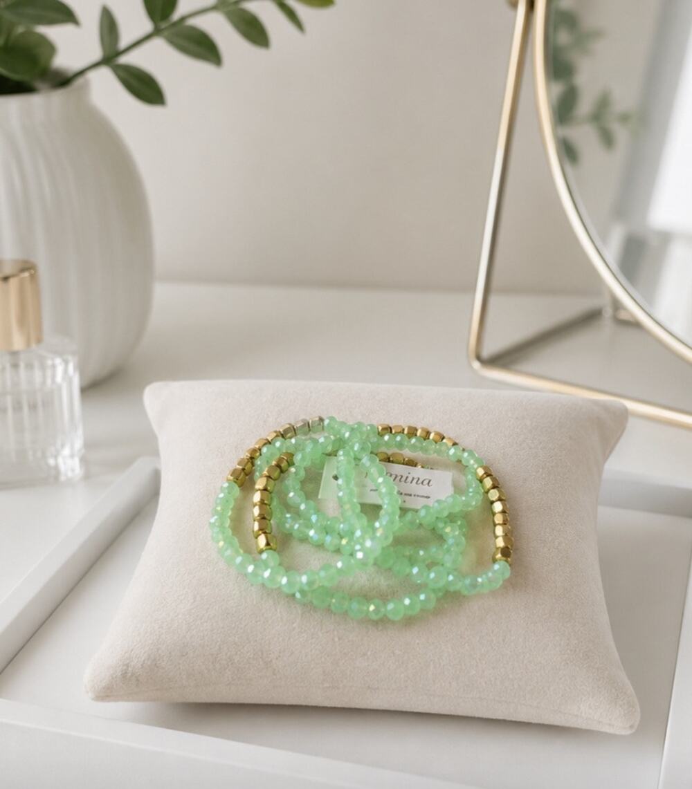 Pomina Semi Precious Green Crystal Beaded Bracelet Stack New